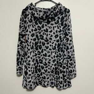 Bellamie Sweater S Black Gray Leopard‎ Cowl Neck Long Sleeve Tunic Elbow Patches
